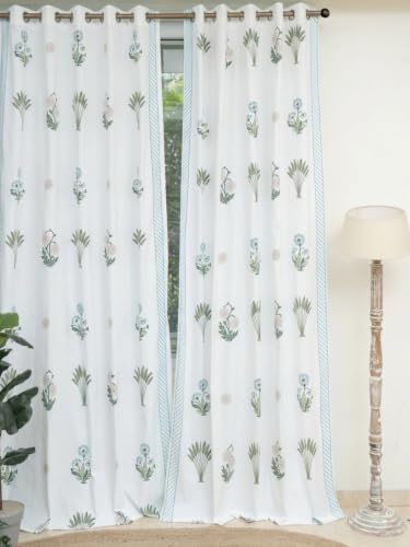 Image of Tranquebar Curtain Co. Window Curtain - Room Darkening, 152 cm (5 Feet), Blue Ethnic Palms Print, Set of 2, 100% Cotton Fabric, Eyelet, Bagh- Window Curtains 5 Feet