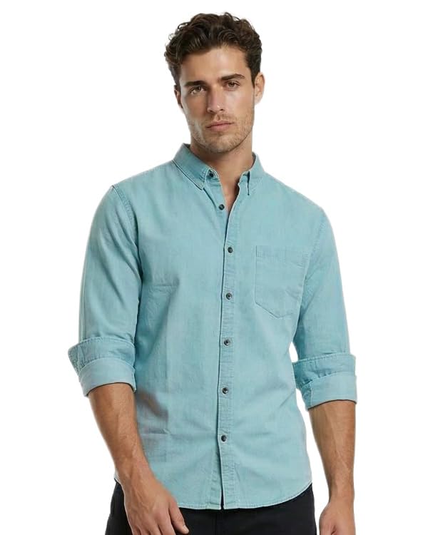 Image of Amazon Brand - INKAST Men Washed Cotton Twill Denim Casual Button Down Shirt | Full Sleeves | Regular Fit | Stylish Summer - Everyday Wear