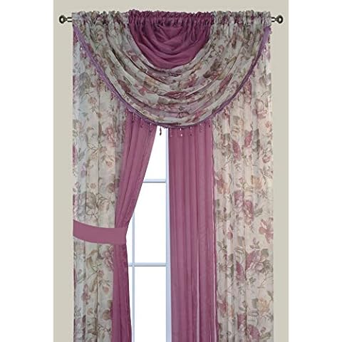Complete Window Sheer Voile Curtain Panel Set with 4 Attached Panels (55x63" Each) and 2 attached Valances with Beads and 2 Tiebacks - Easy Installation - Multicolor 63" Floral Rose and Solid Pink Cover