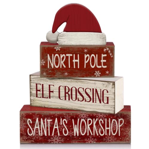 Moucuny 4 Pcs Christmas Elf Table Decorations Wooden Santa Hat Block Signs