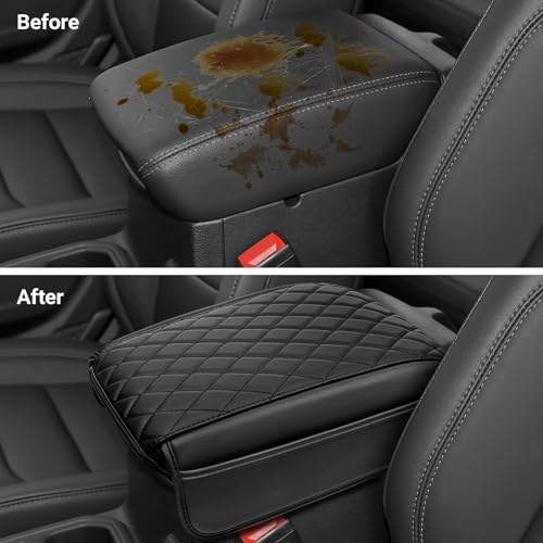 Image of Center Console Armrest Cover Compatible with 2018-2025 2026 Jeep Wrangler JL JLU 2020-2025 2026 Jeep Gladiator JT Accessories Black Leather Arm Rest Lid Protector with Storage Pockets