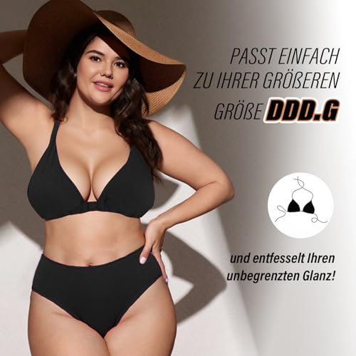 Sahunfri Bikini Oberteil Damen Große Brüste Push Up String Bikini Triangel Top,V-Ausschnitt, Rückenfrei Swimsuit Bra (DE/NL/SE/PL, Alphanumerisch, XL, Regular, Regular, Schwarz)