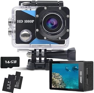 Nvgfelis Action Cam 1080P con scheda di memoria da 16 GB, fotocamera subacquea impermeabile fino a 30 m, con 2 batterie ricaricabili da 900 mAh e set di accessori