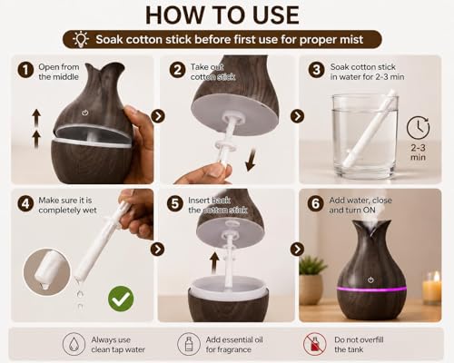 Image of Aroma Diffuser with Wooden Finish, Ultrasonic Essential Oil Diffuser & Humidifier, LED Night Light, Quiet Air Freshener for Home Bedroom Office Spa