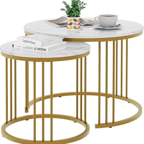 Image of Modern Nesting Table Set of 2 - Round Coffee Table with Engineered Wood Top & Metal Frame, Side Tables for Living Room, Bedroom & Lounge (Gold & White)