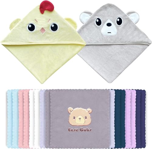 Image of Ease Cubs 18-Piece Baby Hooded Bath Towel Rayon Derived from Bamboo and Microfiber Washcloth Sets for Infant, Toddler - Chicken, Bear