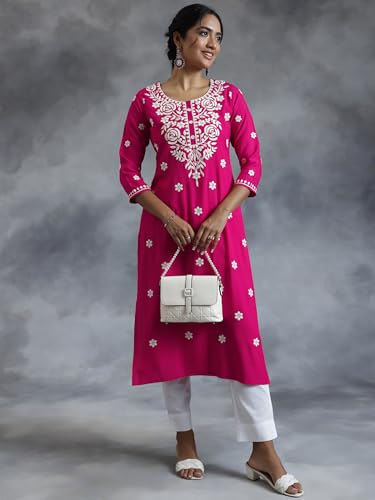 Image of Libas Womens Embroidered Viscose Straight Kurta for Women | Ethnic wear | Bridal Suit | Wedding Dress | Occasion wear