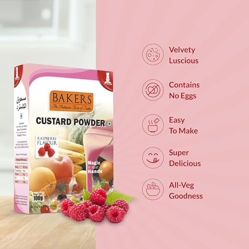 Image of BAKERS Custard Powder | Raspberry Flavor | (100g x 6, 600g) | Contains No Eggs | Long Shelf Life | Makes Smooth, Creamy, Testy & Juicy Custard | Quick & Easy to Make |Best For Fruit Salads & Puddings