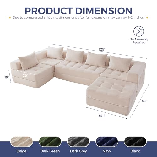 Image of MAXYOYO Modular Sectional Sofa Couch, Foldable U Shaped Cloud Couch with Pillows, Tufted 6-Seat Boneless Lounger Sofa for Living Room, No Assembly Required, Beige