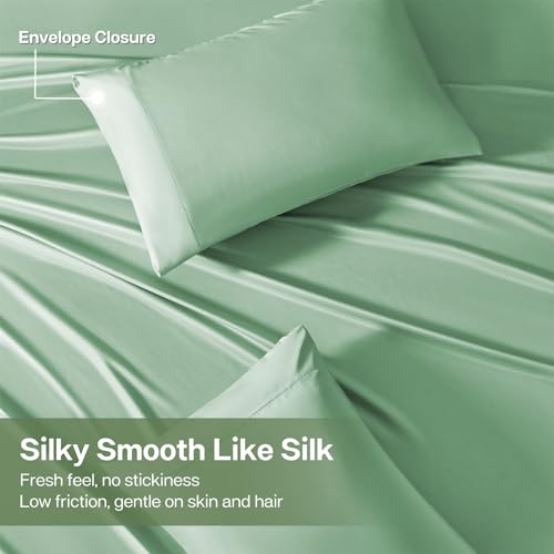 MR&HM Full Size Bed Sheets, 4-Piece Cooling Sheets, Rayon Derived from Bamboo & Polyester Blend, Soft & Silky, 15" Deep Pockets with Elastic Straps, Hotel Luxury for Hot Sleepers, Sage Green