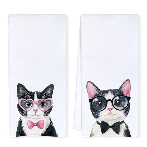Qnhij Coquette Black and White Cat Kitchen Towels, Tuxedo Cat Gifts Dish Tea Towels for Kitchen Decor, Cats Lover Mom Lady Gifts Decorative Hand Towels for Bathroom, 16x24 Inch Set of 2