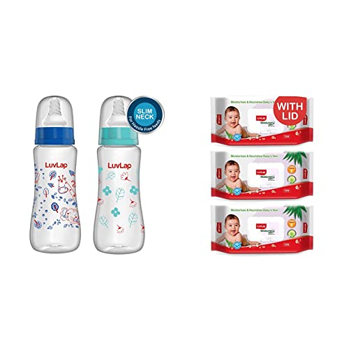 Image of LuvLap Anti-Colic Slim /Regular Neck Essential Baby Feeding Bottle, 250ml (Pack of 2),Blue & Paraben Free Wipes for Baby Skin with Aloe Vera,72 Wipes /Pack with Lid Pack, 3 Packs