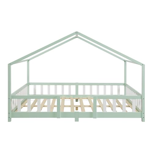 [en.casa] Children's bed Treviolo house bed 120 x 200 cm wooden bed for children with fall-out protection bed frame with slatted frame pine wood mint green - Image 4