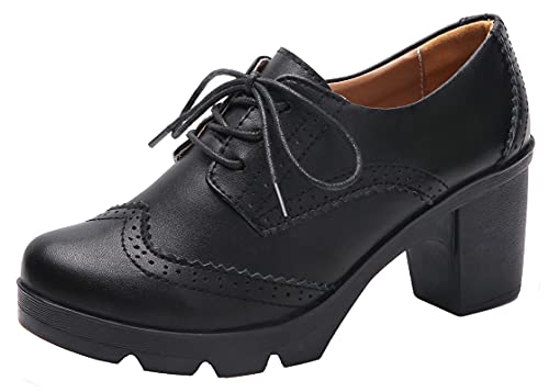 WUIWUIYU Femmes Plateforme Bloc Talon Escarpins Lacets Brogue Oxfords/Derby-Noir 41 Cover