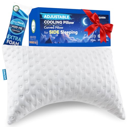 btasleeep Side Sleeper Pillows for Neck & Shoulder Comfort - Ergonomic Curved Crescent Design, Adjustable Shredded Memory Foam, Cooling & Soft Cover, Extra Fill Included, Queen Size