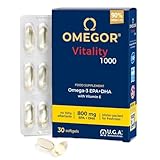 Omega 3 EPA y DHA 800mg IFOS Certificado - OMEGOR Vitality 1000 Omega-3 Aceite de Pescado Libre de Metales Pesados y Fácil de Digerir - 30 Cápsulas