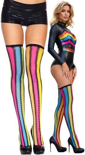 Image of ToBeInStyle Women's Rainbow Bright Multicolor Nylon Thigh High Stockings