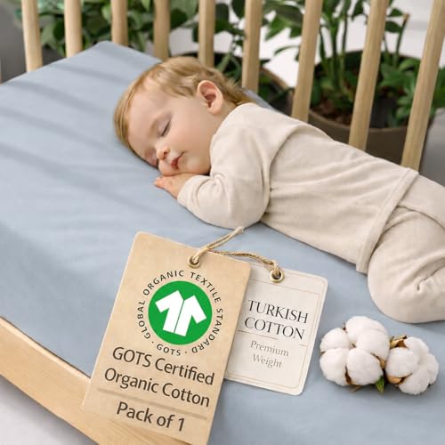 Image of GOTS Organic Cotton Crib Sheets, Aegean Heritage Turkish Cotton 200GSM, Quality at First Touch,1 Pack Toddler Bed Fitted Mattress Sheets for Boys, Girls Cute Breathable Soft (Ocean Blue)