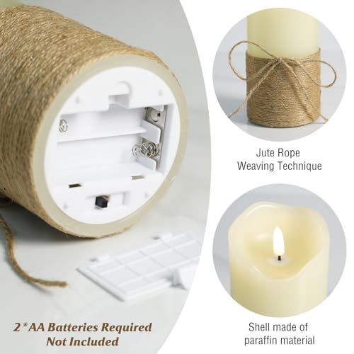 Image of 3Pcs LED Flameless Pillar Candles for Home Wedding Party Decor | Realistic 3D flicker hemp rope LED candles 4 inch /5 inch /6 inch, battery‑run. Equipped with remote timer for versatile indoor decor.