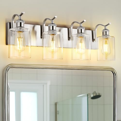 Image of 4-Light Bathroom Vanity Light, Brushed Nickel Wall Sconce, Modern Bathroom Light with Clear Glass, VL01BN-4