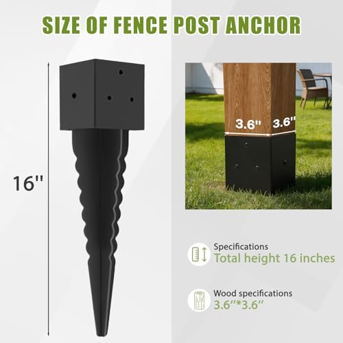 Image of 2 Pcs 16 inch 4x4 Fence Post Anchor Ground Spike (Actual:3.6 inchx3.6 inch), 4x4 Post Spike Black,Mailbox Post Anchor for Fences, Mailboxes,Pergolas,Patios,Birdhouses,Road Signs