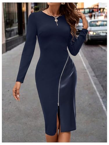 Image of SOLY HUX Women's Patchwork Leather Zipper Dress Crew Neck Long Sleeve Split Hem Elegant Bodycon Dress