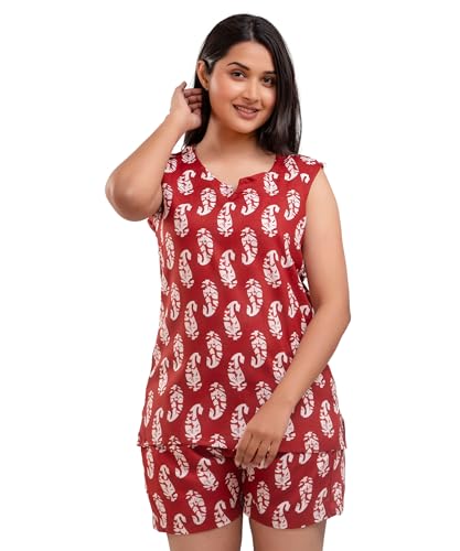 Image of Women's Cotton Printed Night Suit Set of Top & Shorts Sleeveless Women's Lounge Wear Set