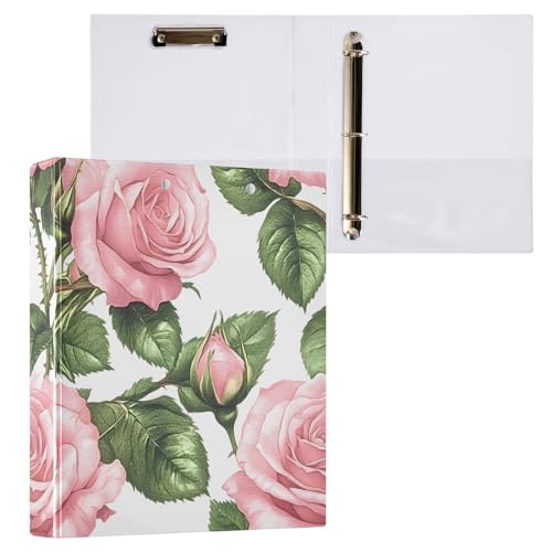 Image of 3 Ring Binder Pink Rose Floral Green Leaves 1.5 inch Binders Three Ring Binders with Clipboard Fit 8.5'' x 11'' Paper 3 Interior PVC Clear Pockets for Office Supplies