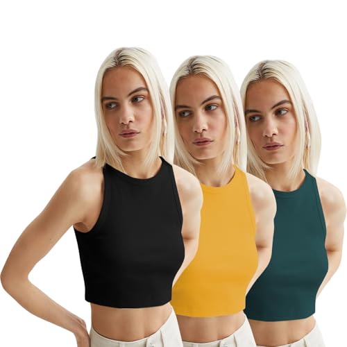 Image of KERI PERRY Tops for Women Crop Top for Women's Tank Activewear Tee Sports Western Casual Cotton Camisole Pack of 3 Combo