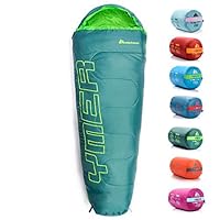 Meteor - YMER Kids Sleeping Bag – Camping Equipement for Girls, Boys & Teens – Compact Travel Gear for Hiking, Sleepover – Winter, Spring, Summer or Fall – for Kids 155 cm Tall - Dark Green/Green