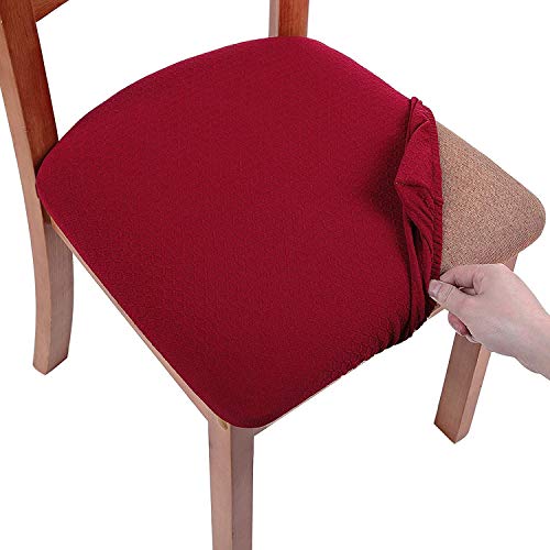 smiry Stretch Chair Seat Covers for Dining Room, Burgundy Set of 6 Jacquard Dining Chair Seat Protectors Chair Slipcovers