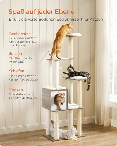 Feandrea Kratzbaum, 165 cm hoher moderner Katzenbaum, Katzenhaus mit 5 Kratzsäulen, waschbare abnehmbare Kissen, Plattform, Katzenhöhle, Katzenmöbel für Wohnungskatzen, Greige PCT166G01 – Bild 5