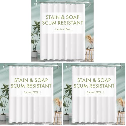Image of AmazerBath Shower Curtain Liner, 72x72 Plastic White Shower Curtain Liner, Cute Waterproof PEVA Shower Curtains, Lightweight Shower Curtains for Bathroom with Magnets and 12 Grommet Holes (Pack of 3)