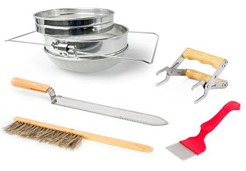VIVO Honey Harvesting Beekeeping Starter Tool Kit, Set of 5, Double Sieve Honey Strainer, Frame Holder, Brush, Uncapping Knife, Uncapping Fork BEE-KIT4