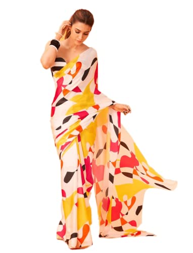 Image of Sidhidata Women's Digital Printed Georgette Saree With Unstitched Blouse Piece (Kriti Sanon White Free Size)