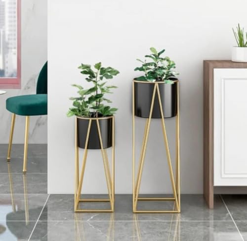 Image of Brass Industry Iron Metal Indoor Out Door Bedroom Home Office Planter Pot Tall Stand with Planter for Living Room, Balcony Flower Pot Stand Set of 2 (Black)