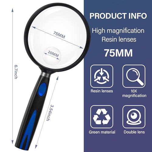 Image of Feosky Handheld Reading Magnifier, 10X Magnifier, 75mm Shatterproof Lens, Non-Slip Handle for Adults Close Work, Hobbies and Halloween & Cosplay(Blue /Black)