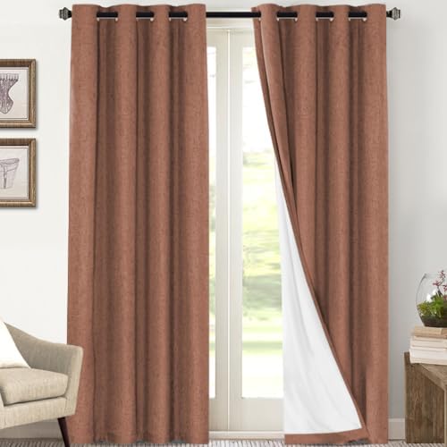 PrinceDeco 100% Blackout Curtains 108 Inches Long 2 Panels Set Full Black Out Curtain Thermal Insulated with White Liner Anti-Rust Grommet Curtains & Drapes Luxury Decor for Living Room,Washed Spice