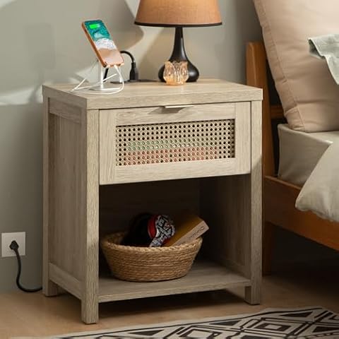 Bacyion Night Stand with Charging Station - Farmhouse Wood Nightstand with Drawer and Storage Shelf, Accent Bedside Table with USB Ports & Outlets, Boho End Table Side Table for Bedroom Living Room Cover