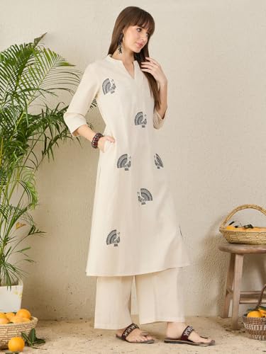 Image of INDO ERA Women's Pure Cotton Animal Embroidered A-Line Kurta & Palazzo Set (Off White IESTR11998 Small)