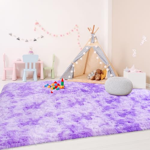 Area Rugs for Bedroom Living Room, 4x6 Soft Large Fluffy Fuzzy Shag Plush Furry Carpet, Soft Indoor Floor Mat for Kids Nursery Home Dorm Office Decor Aesthetic, Tie Dyed Purple