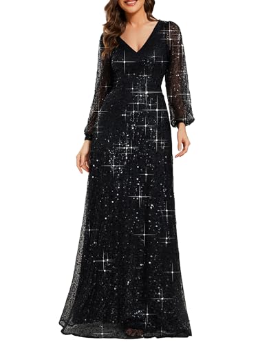 Ever-Pretty Women's Elegant V Neck A-Line Floor Length Long Sleeves Sparkly Sequin Formal Dress 01999