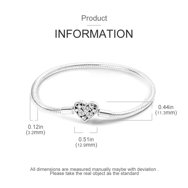 Image of 925 Sterling Silver Snake Chain Bracelets Fit Pandora Charms,Heart Clasp Bracelets Perfect For Any Glamour Gift for Women with 5 A Cubic Zirconia