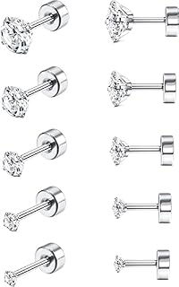 ADRAMATA 5 Pairs 316L Stainless Steel CZ Earrings for Women Men Cartilage Helix Ear Studs Piercing Round Cubic Zirconia Ball Screw Backed Earring Barbell Flat Back Earrings