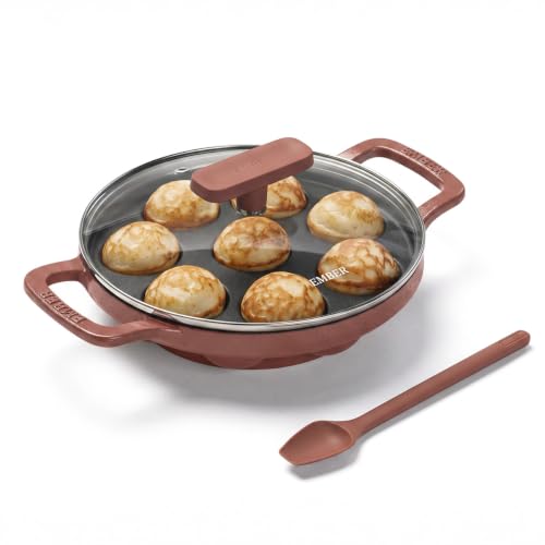 Image of Ember Pre-Seasoned Cast Iron Appe Pan 20 cm with Glass Lid | 9 Cavities | Ready to Cook Paniyaram Pan | Low-Oil Paddu Maker | Terracotta