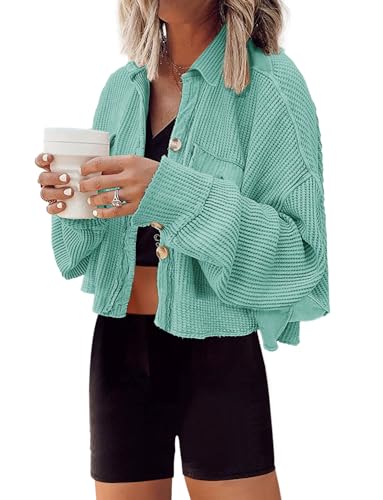 Image of Panadila Women's Cropped Waffle Knit Shacket Short Button Down Jacket Batwing Sleeve Shirts with Pocket