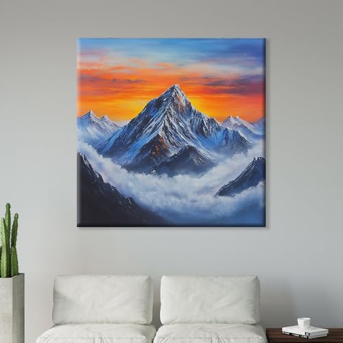 Image of Exsha Majestic Snow-Capped Mount Everest Peak at Sunset Canvas Wall Painting|Vibrant Himalayas Square Art Print for Living Room, Bedroom, Office Decor|Nature Painting for Wall Decoration|20x20 Inch
