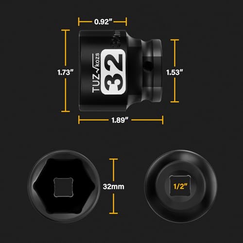 Image of 1 /2 Inch Drive 32mm Shallow Metric Impact Socket,CR-MO,6 Point Radius Corner Design,Square Chamfered Opening,Axle Nut Impact Grade Socket for Easy Removal