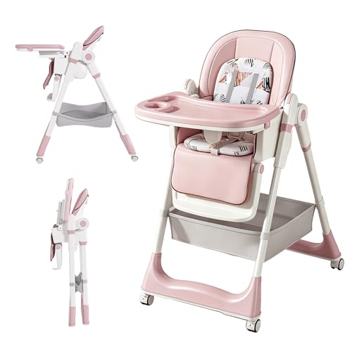 Image of Baby High Chair for Babies & Toddlers, Foldable Feeding Chair with Wheels, Adjustable Seat Height, Backrest, Footrest, Removable Tray, PU Cushion, 5-Point Harness, Easy to Clean, Pink+White