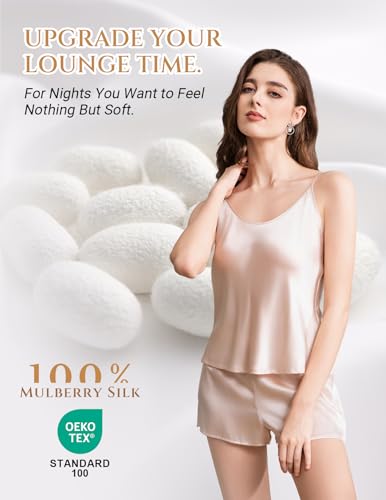 Image of THXSILK 100% Mulberry Silk Women Cami Pajama Set, Tank Top with Shorts Sleepwear, Adjustable Spaghetti Straps, Luxury Pj Set